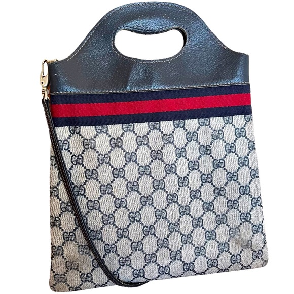 Gucci Handbags - Gucci • RARE Vintage GG Web Monogram Navy Leather PVC Purse Tote Bag Handbag